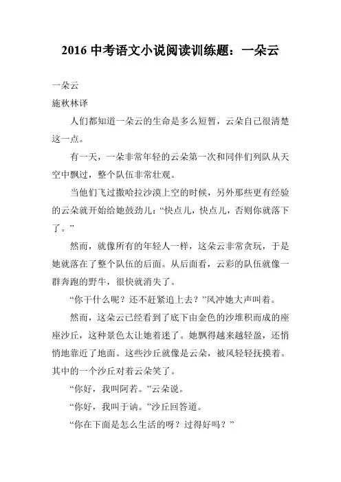 2016中考语文小说阅读训练题：一朵云