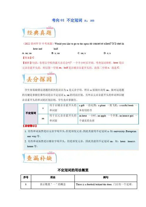 【中考英语总复习 必考点】考向01 不定冠词a, an(必考点)(全国通用)(原卷及答案)
