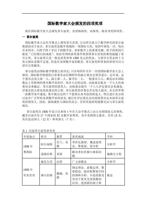 国际数学家大会颁发的四项奖项