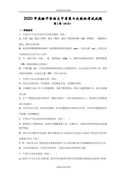 2020年实验中学语文中考第七次模拟考试试题(部编人教版)