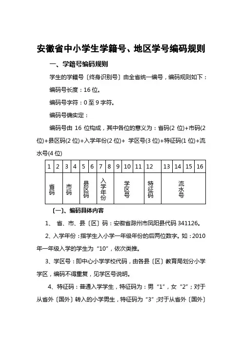 安徽省中小学生学籍号、地区学号编码规则