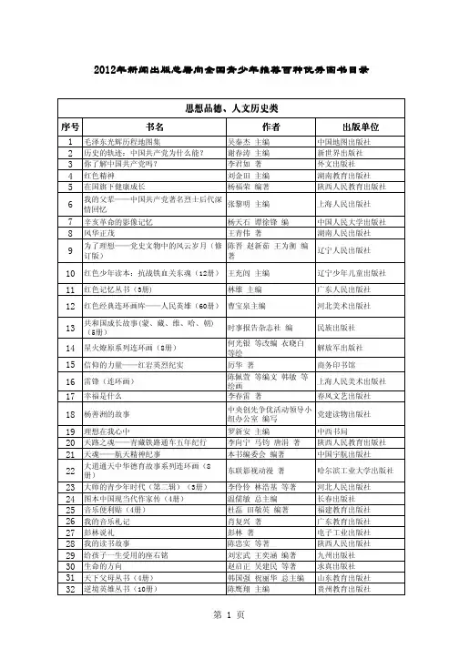 2012年新闻出版总署向全国青少年推荐百种优秀图书书目