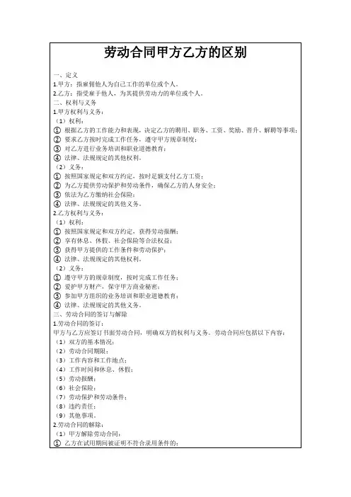 劳动合同甲方乙方的区别