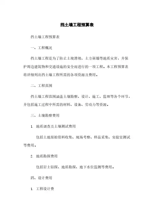 挡土墙工程预算表
