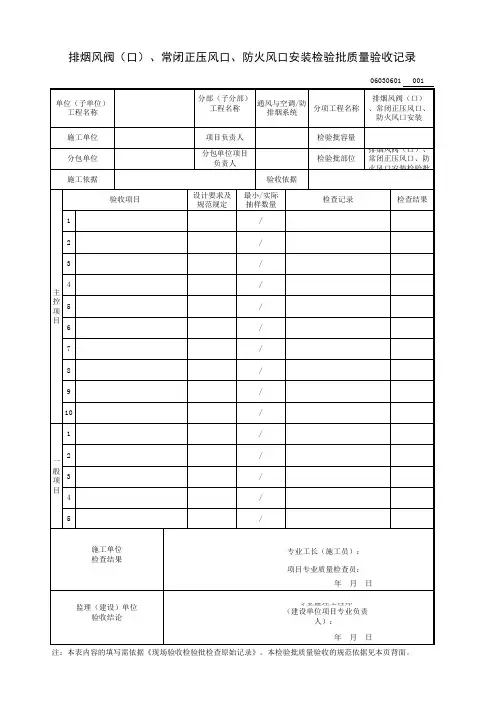 排烟风阀(口)、常闭正压风口、防火风口安装检验批质量验收记录