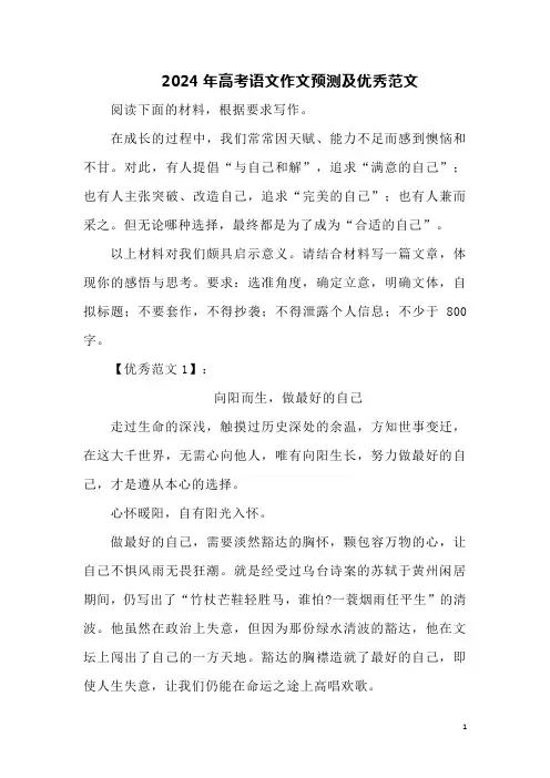 2024年高考语文作文预测及优秀范文