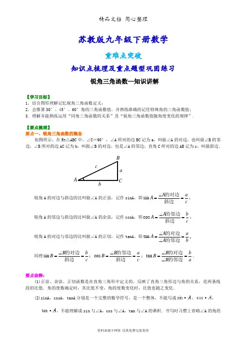 苏教版九年级下册数学[锐角三角函数—知识点整理及重点题型梳理]