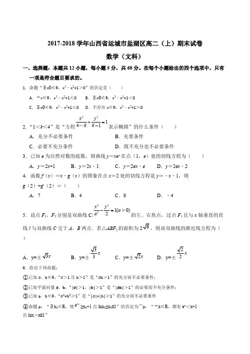 山西省运城市盐湖区2017-2018学年高二上学期期末考试数学文试卷含解析