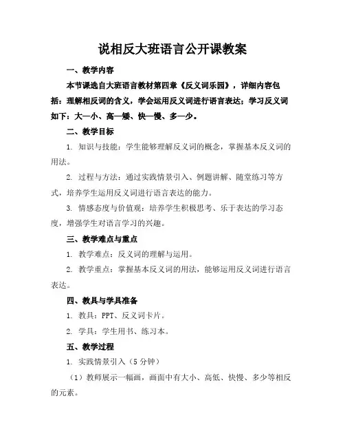说相反大班语言公开课教案
