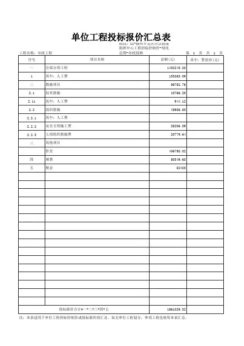 表-04 单位工程投标报价汇总表