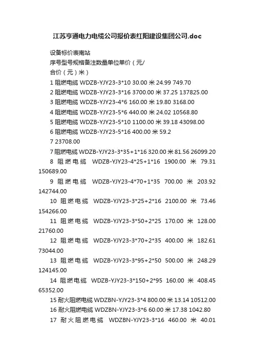 江苏亨通电力电缆公司报价表红阳建设集团公司.doc