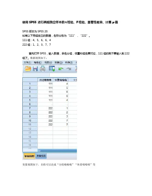 使用SPSS-进行两组独立样本的t检验、F检验、显著性差异、计算p值