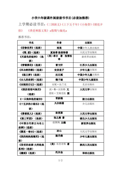 小学六年级课外阅读读书书目(必读加推荐)
