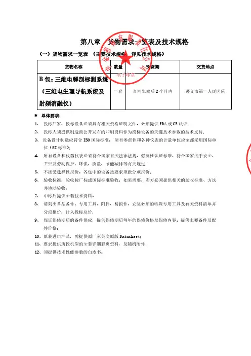 货物需求一览表及技术规格
