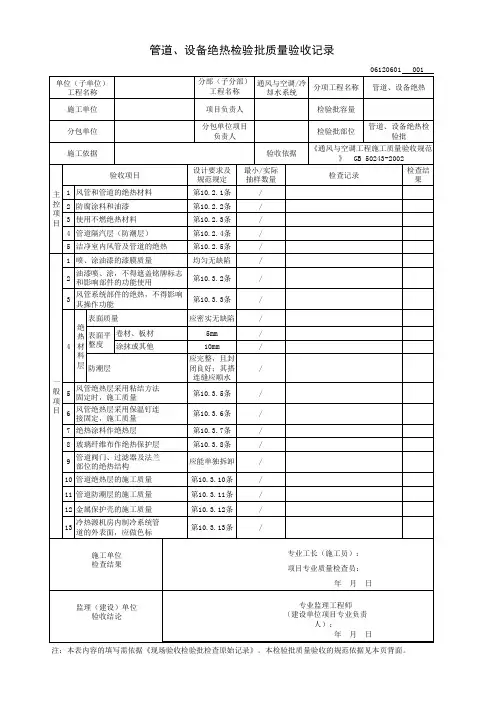 管道、设备绝热检验批质量验收记录