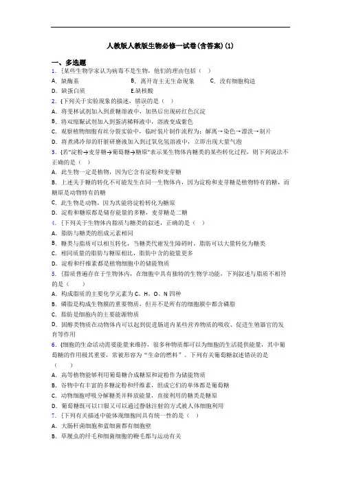 人教版人教版生物必修一试卷(含答案)(1)