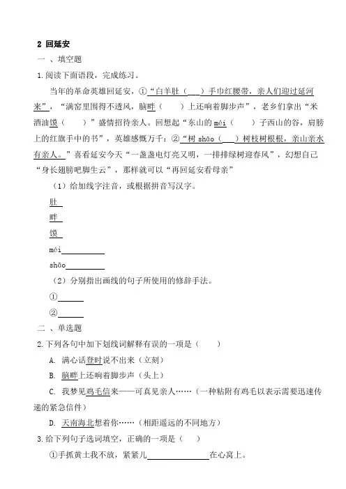 第2课《回延安》同步练习+++2022-2023学年部编版语文八年级下册