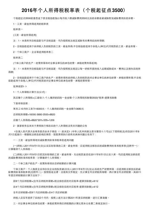 2016年个人所得税税率表（个税起征点3500）