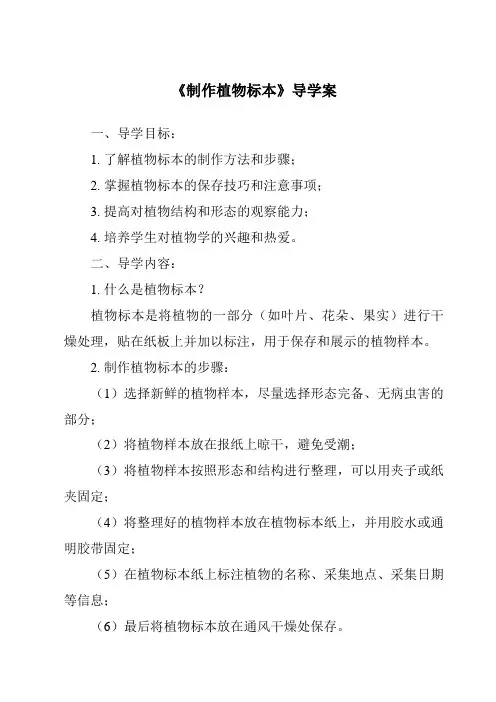 《制作植物标本导学案-2023-2024学年科学人教版2001》