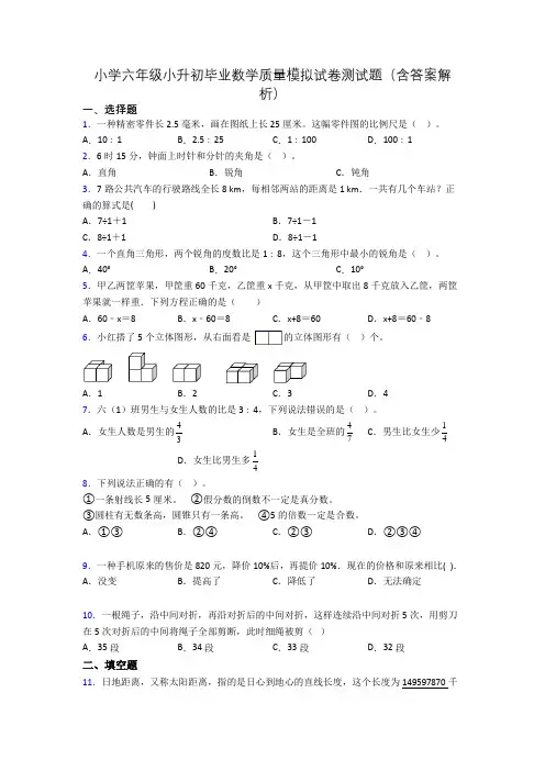 小学六年级小升初毕业数学质量模拟试卷测试题(含答案解析)