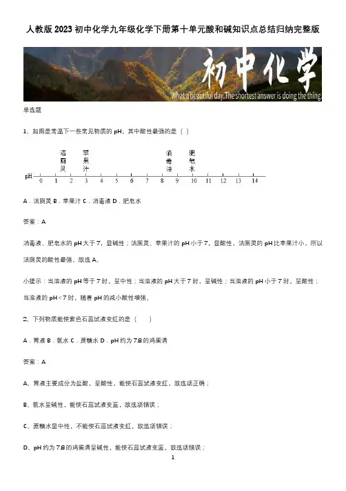 人教版2023初中化学九年级化学下册第十单元酸和碱知识点总结归纳完整版