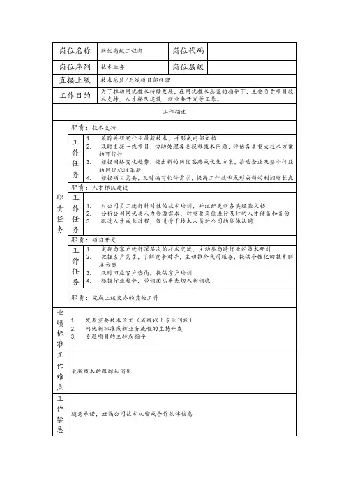 网优高级工程师--工程施工类岗位职责说明书