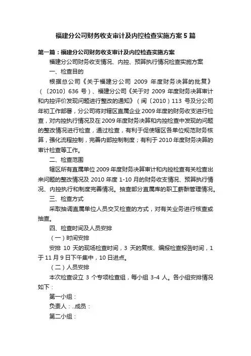 福建分公司财务收支审计及内控检查实施方案5篇