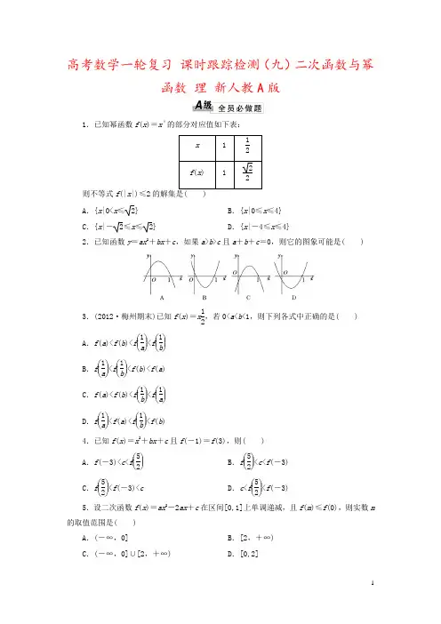 高考数学一轮复习 课时跟踪检测(九)二次函数与幂函数 理 新人教A版 