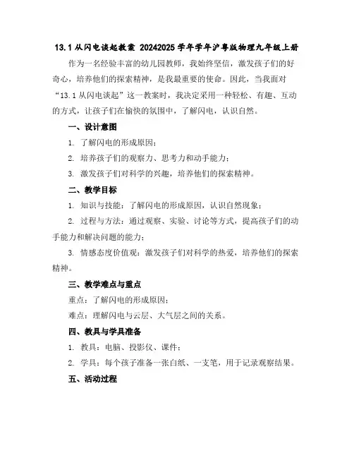 13.1从闪电谈起教案2024-2025学年学年沪粤版物理九年级上册