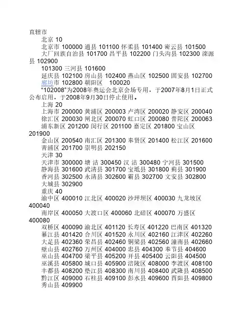 各地邮政编码