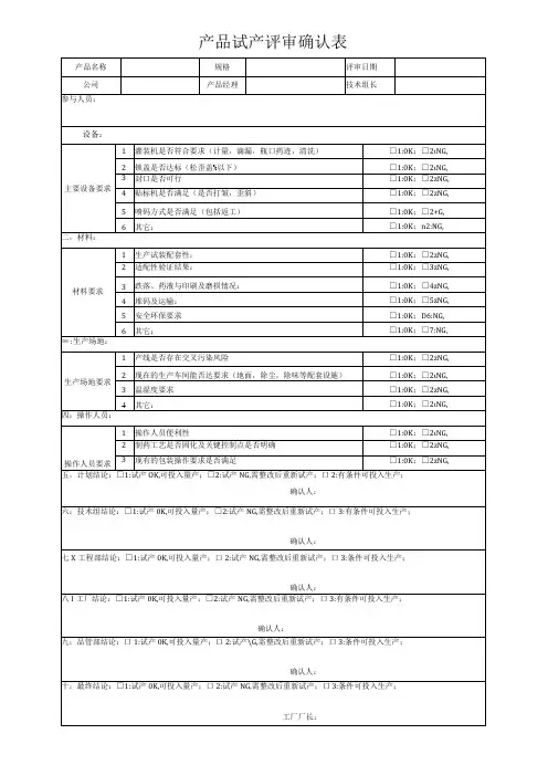 产品试产评审确认表