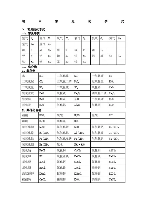 初中常见化学式大全 