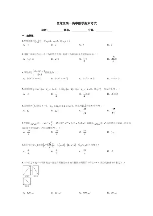 黑龙江高一高中数学期末考试带答案解析