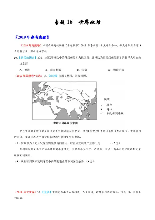 专题16 世界地理-三年(2017-2019)高考真题地理分项汇编(原卷版)