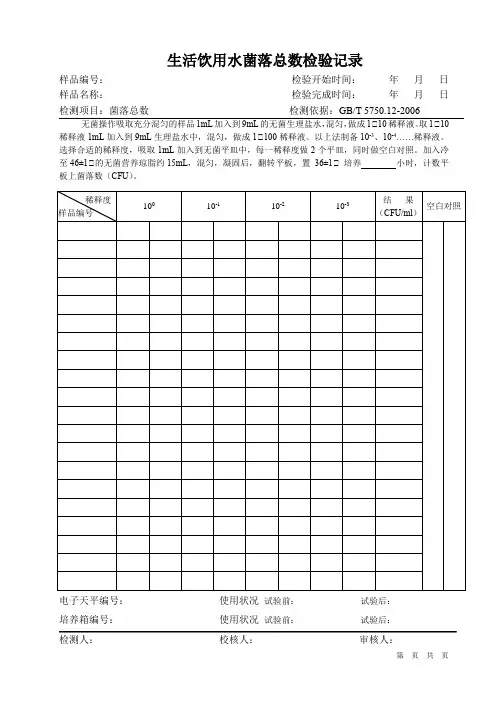 生活饮用水菌落总数检验记录