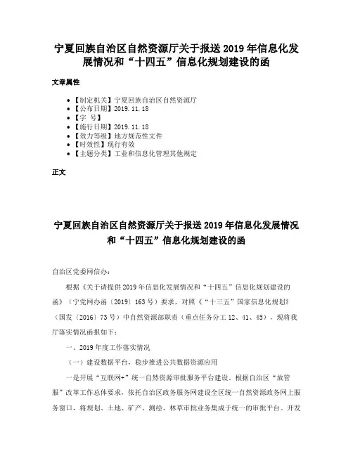 宁夏回族自治区自然资源厅关于报送2019年信息化发展情况和“十四五”信息化规划建设的函