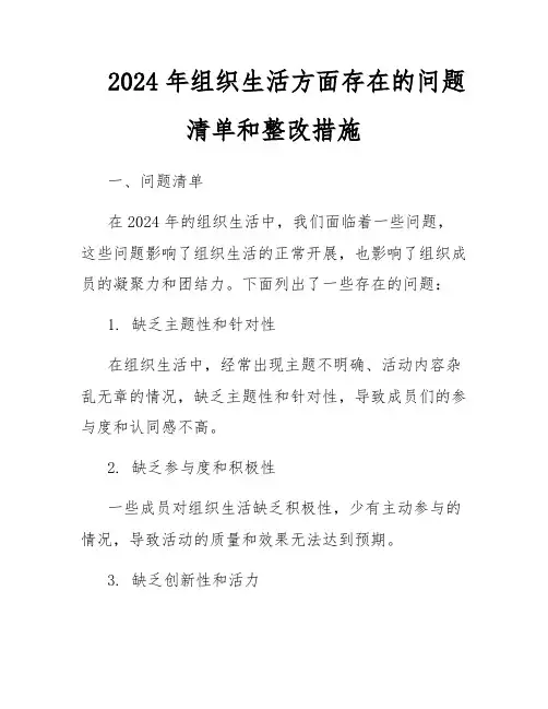 2024年组织生活方面存在的问题清单和整改措施