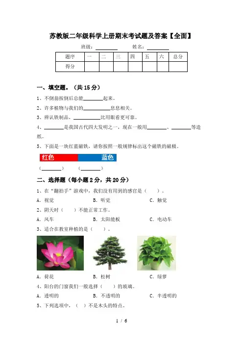 苏教版二年级科学上册期末考试题及答案【全面】