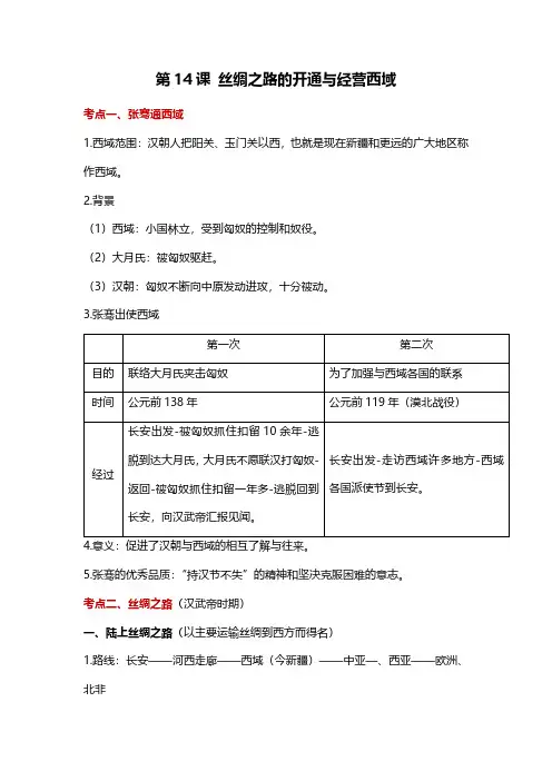 第14课《丝绸之路的开通与经营西域》知识点总结