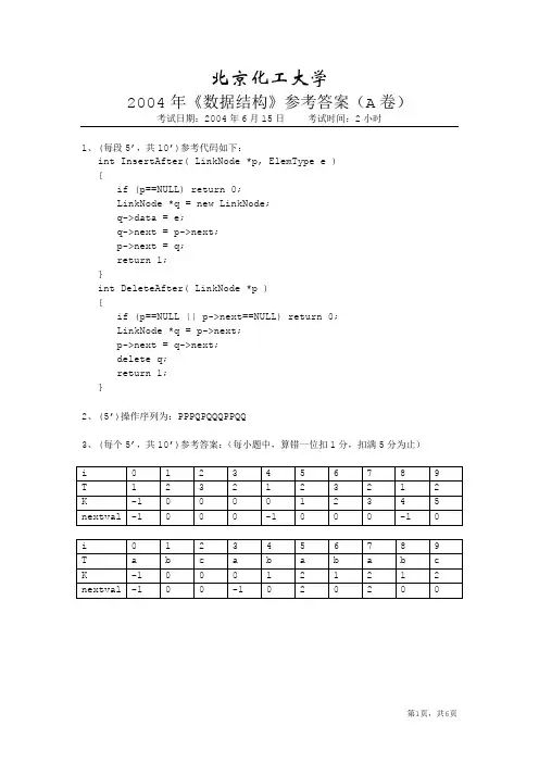 北京化工大学2004年计科专业《数据结构》参考答案(A卷)