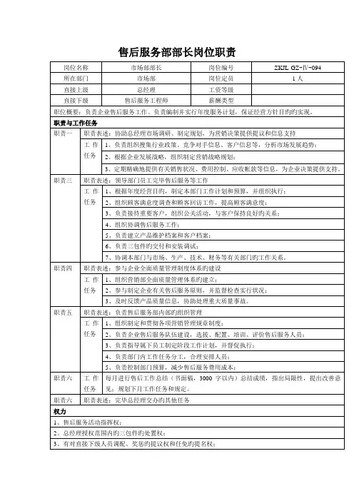 中小企业售后服务部部长岗位职责