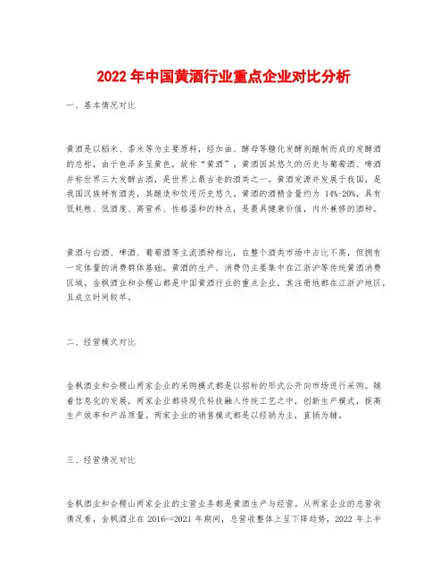 2022年中国黄酒行业重点企业对比分析
