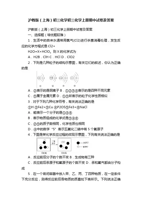 沪教版（上海）初三化学初三化学上册期中试卷及答案