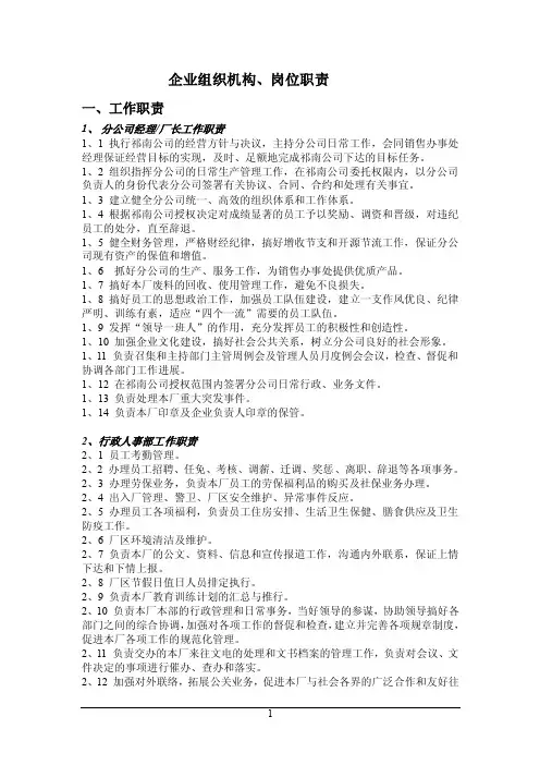 企业组织机构、岗位职责