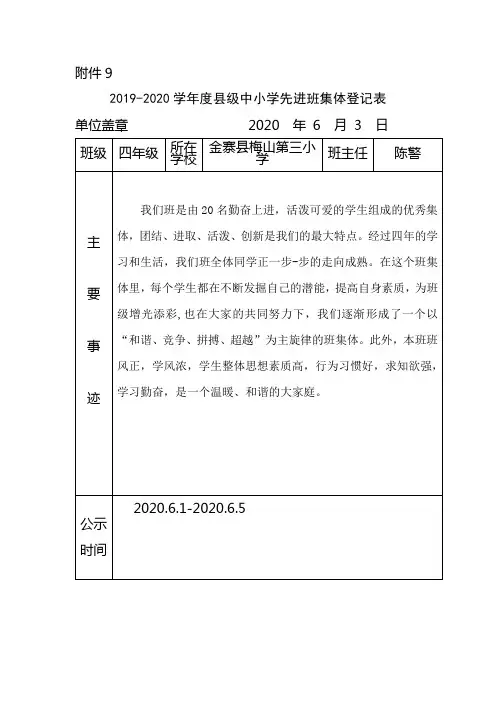 2019-2020学年度县级先进班集体登记表 - 副本