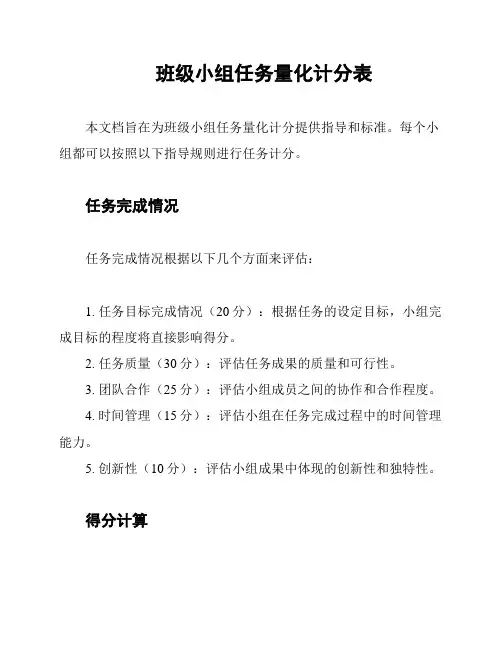 班级小组任务量化计分表