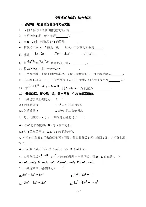 综合练习：整式的加减