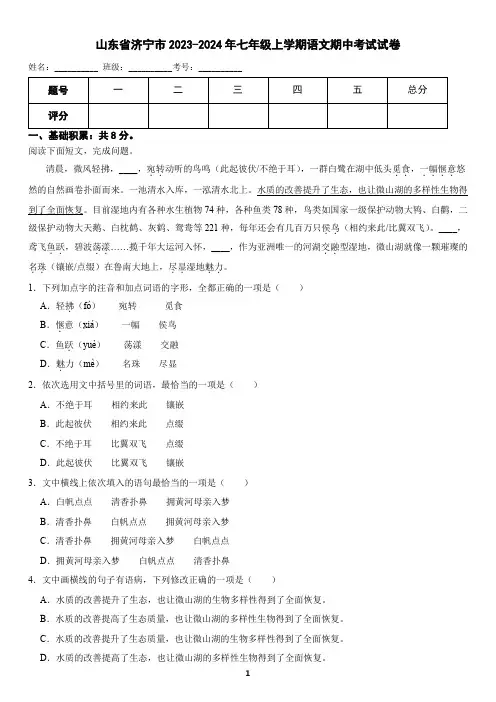 山东省济宁市2023-2024年七年级上学期语文期中考试试卷(含答案)