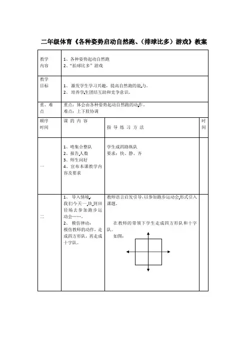 二年级体育《各种姿势自然跑、(排球比多)游戏》教案