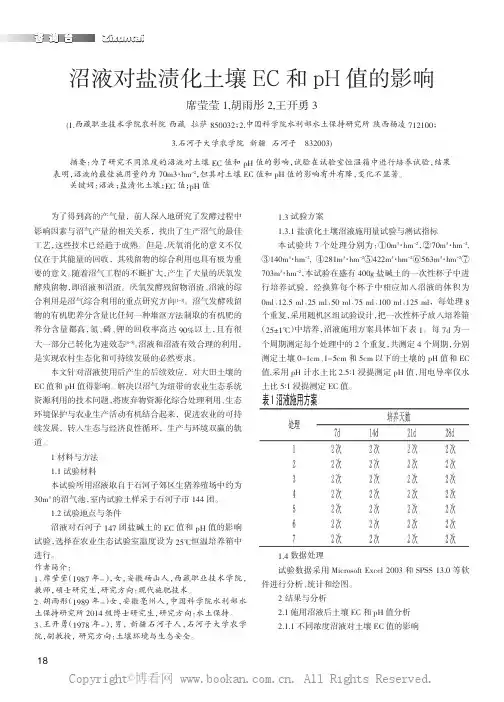 沼液对盐渍化土壤EC 和pH 值的影响